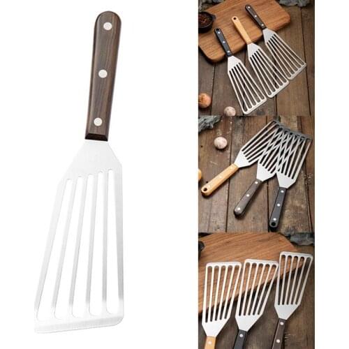 1 Pcs Kitchen Cooking Turner Stainless Steel Slotted Spatula For Meat Egg Fish Frying Heat-Resistant Spatulas With Wooden Handle