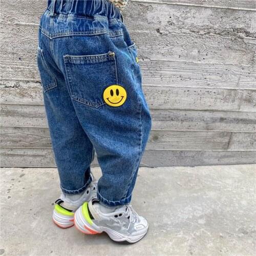 2021 Spring New Kids Denim Pants For 1-7Years Boys Girls Smile Face Jeans Pants Casual Cotton Children Trousers Kids Clothing