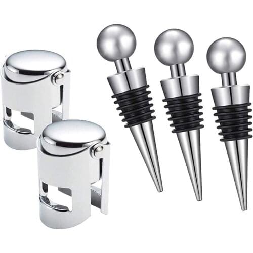 Wine Champagne Bottle Stopper, 5 Pieces Vacuum Sealer Saver Stainless Steel Plastic Wine Corks for Wine Collection