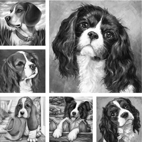 5D Diy Diamond Painting Animal Dog Black and White Full Square Round Drill Cross Stitch Embroidery Kits Mosaic Home Decor