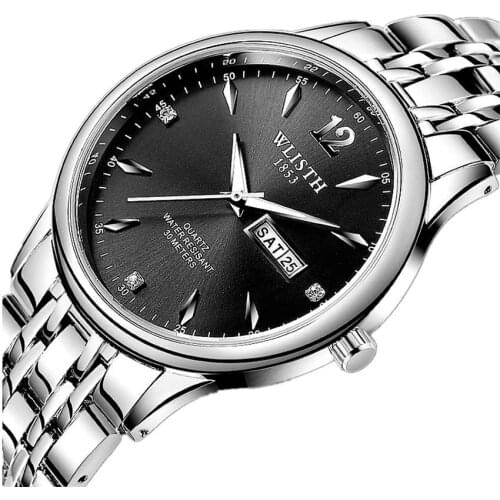 Men Watch Fashion Casual Quartz Clock Man Watchband Silver Stainless Steel Wristwatch Black Waterproof Calendar Watches FD1351