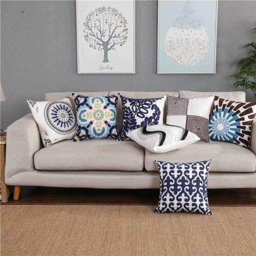 Home Decorative Embroidered Cushion Cover Blue Floral Mandala Leaves Wave Pillow Case Cotton Square Pillow Cover 45x45cm