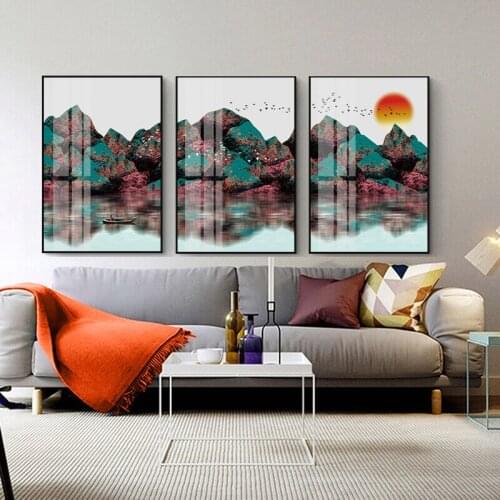 Canvas Landscape Painting Home Decoration Mountain Lake Boat Sun Poster and Print Wall Art Picture for Living Room Scenery Decor