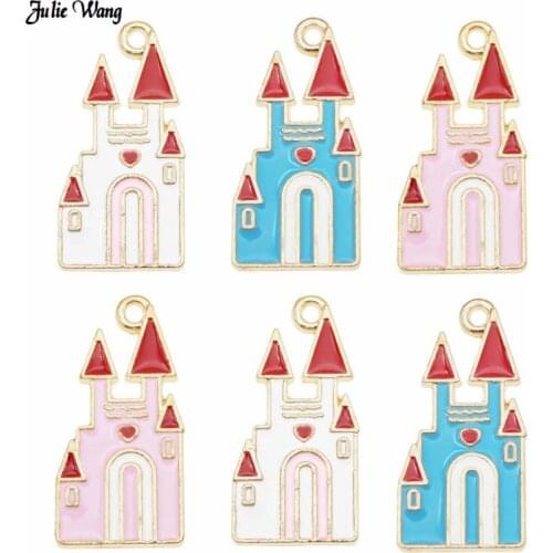 Julie Wang 6pcs Alloy Enamel Castle Shape Charm Blue Pink For Necklace KeyChain Earrings Pendant Jewelry Making Findings 25*12mm