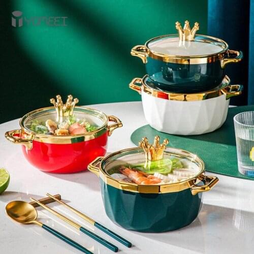 YMEEI YMEEI Nordic Style Ceramic Bowl Noodles Pot Anti-scalding Instant Salad Porridge Pot Gold Edge Bento Bowl WIth Lid