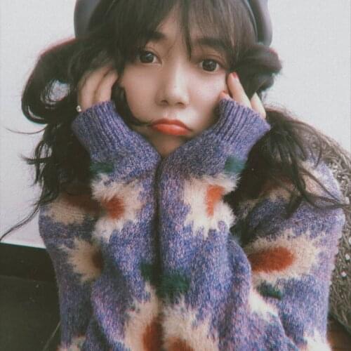 Korean Purple Sweater O-Neck Pullover Long Sleeved Sweater Loose Casual Winter Clothes Women Cute Cashmere Sweater