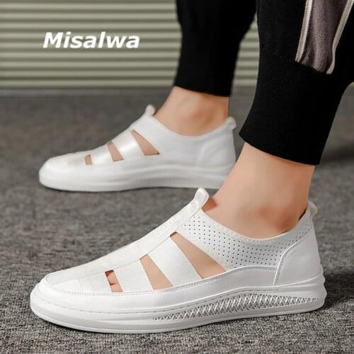 Misalwa White Men Flats Breathable Board shoes Hollow Mens Sneakers Summer Driving Leisure Young Men Loafers Slip-on Moccasins