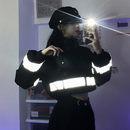 Korean Autumn Fashion Coat Harajuku Black Tooling Reflective Laser Design Loose Full Sleeve Jacket High Waist Zipper Short Coat