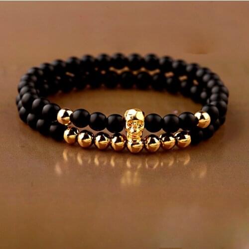 Fashion Punk Men Gold Skull Elastic Bracelets Set Classic 6mm Black Stone Beads Skeleton Bracelets Male Accessories