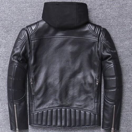 Mens Genuine Clothing Motorcycle Top Layer Cowhide Jacket Spring Autumn Motorcycle Cycling Wear Hooded Jacket Detachable