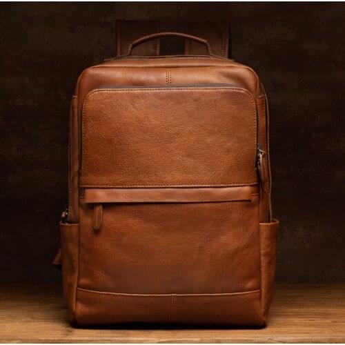 Vegetable tanned leather Men backpack large - capacity soft Cowhide leather travel backpacks top layer leather computer bags