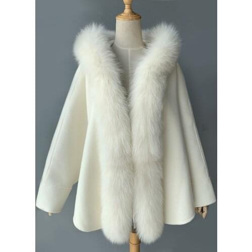 New Real Fox Fur Collar Poncho Shawl White Wool Coat Women Hood CK001