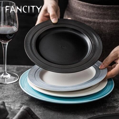 FANCITY Nordic simple brushed pattern flat plate matt dessert plate black steak plate pasta plate western restaurant setting