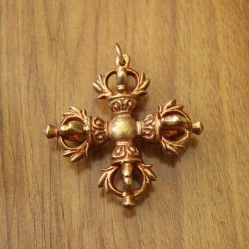 PN157 Ethnic Tibetan Buddhism Cross Dorje Vajra Amulet Pendant Nepal Metal Copper Golden 44mm Men Pendant Necklace