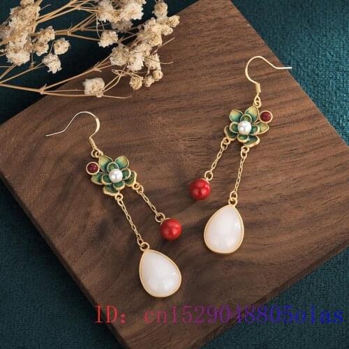 White Jade Flower Earrings Gemstone Jewelry Women Natural Gifts Amulet Charm Zircon Fashion Chalcedony Crystal 925 Silver
