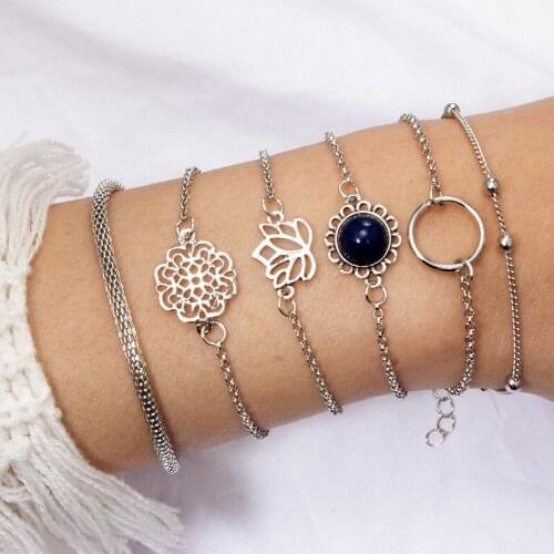 Silver Color Lotus Flower Black Stone Charm Bracelets For Women Elegant Round Circle Disc Snake Chain Bracelets & Bangles A317