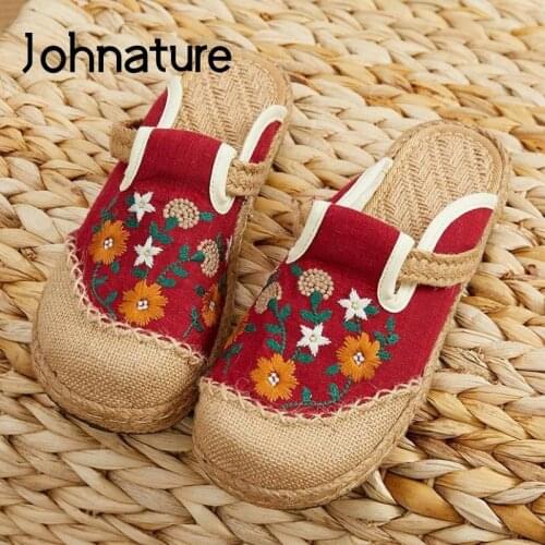 Johnature Summer Shoes Women Slippers Embroider Elegant Outside Slides Flat With Cotton Hemp Leisure Handmade Ladies Slippers