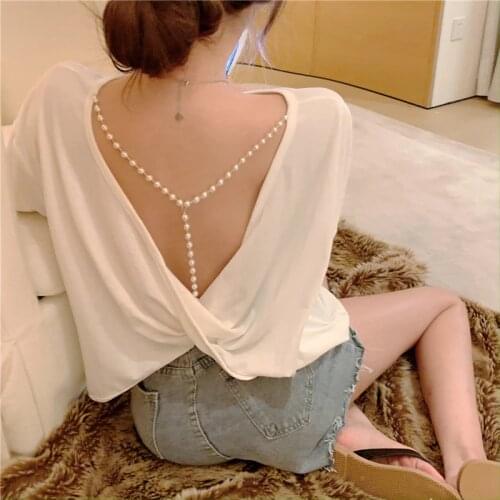 Casual Loose Oversize Korean Style 2021 Backless Sexy Pearl Chain Summer Long Sleeve Women Top Female T-Shirts Black White