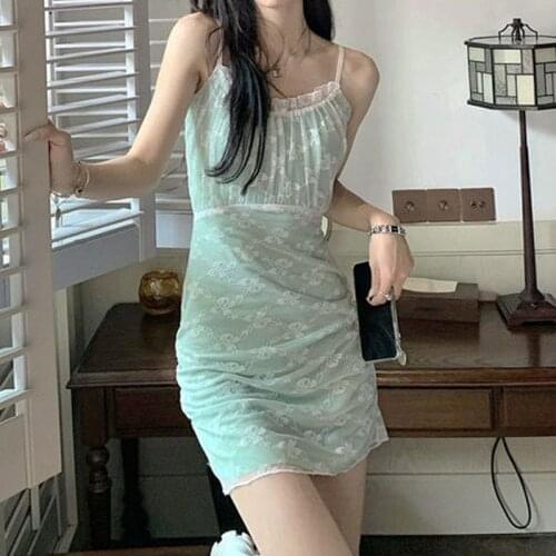 Elegant Vintage Dress Women Sexy Lace Folds Slim Mini Camisole Dress Evening Party 2021 Summer One Piece Dress Korea Kawaii Thin