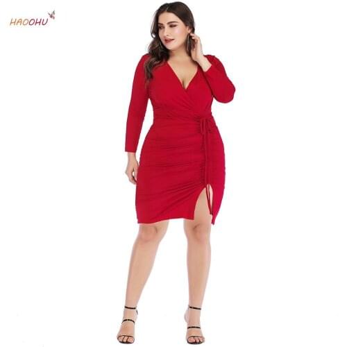 Size Sexy Long-Sleeve V-neck HAOOHU Drawstring Slit New Sheath Skirt Jr5004 Womens plus Summer Dress 2021