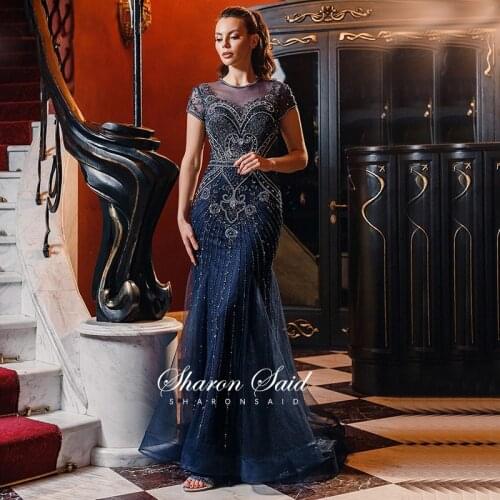 Luxury Navy Blue Mermaid Evening Dress for Women Wedding Party Gowns Beaded Crystal Long Burgundy Mother of the Bride Dresses