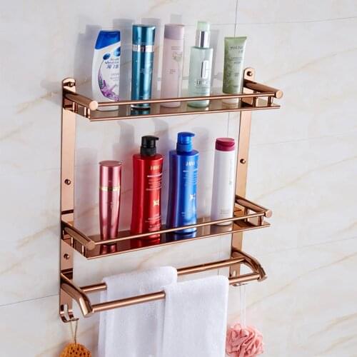 Rose Gold Bathroom Accessories Double Wall Stainless Steel Towel Shelf Wall Mounted Shower Caddy Shelf Basket Bathroom Organizer