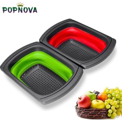 Large Size Silicone Collapsible Over The Sink Retractable Colander with Handle Kitchen Folding Strainer Bowls Drain Water Filter