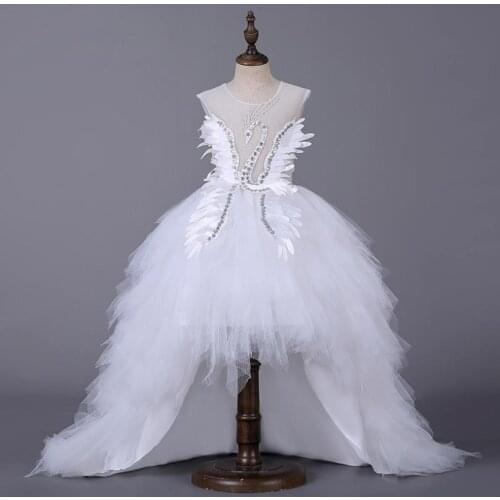 High-end Swan Crystal Tulle Trailing Flower Girl Dress Evening Gown Kids Pageant Birthday Party Gown Feather Princess Dress L164