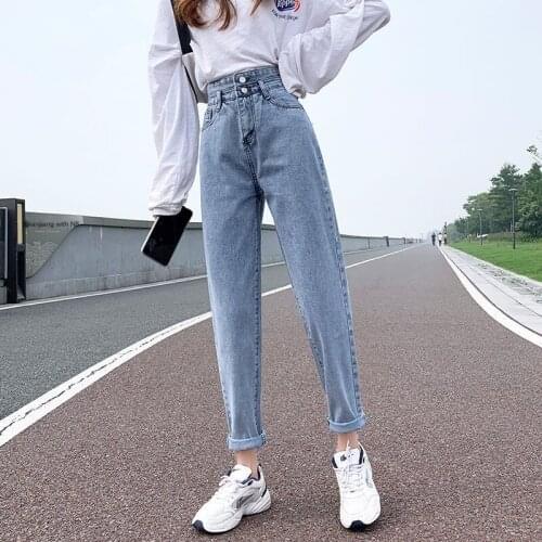 Autumn Jeans Womens Double Buckle High Waist Loose Harem Pants Korean Womens Clothing Retro Solid Color Fashion Jeans