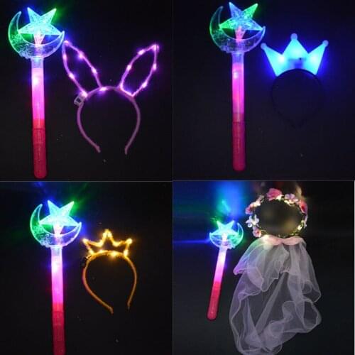 Princess Girl Light Blinking Headband with Glow Magic Wands Stick Party Glow Props Kids LED Birthday Party Favor Christmas