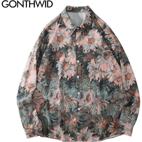 GONTHWID Streetwear Shirts Graffiti Daisy Flower Painting Print Blouse Hip Hop Harajuku Fashion Loose Long Sleeve Casual Tops