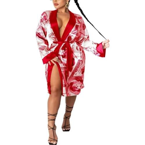 Women Satin Robe Trendy Dollar Printed Long Sleeve Silky Kimono Bathrobe Sleepwear with Belt