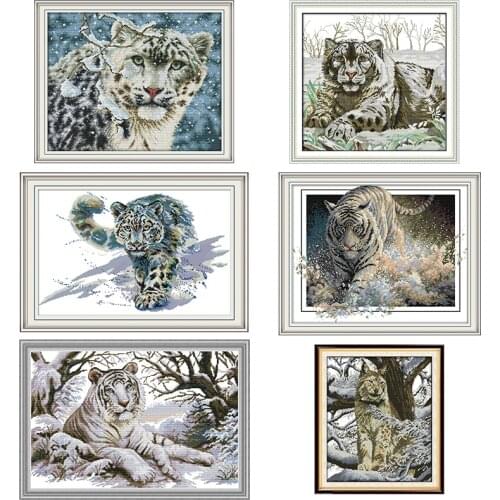 Joy Sunday animal print cross stitch kit tiger in the snow leopard pattern 11CT 14CT printed embroidery home decoration painting