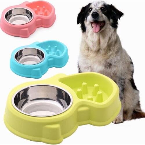 Stainless Steel Dog Cat Feeders Pet Antiskid Feed Double Bowl Food Water Slow Eating Drinking for Bulldog Chihuahua Teddy Puppy