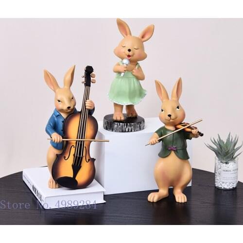 Creativity Simulation Animal Statue Rabbit Violin Band Music Childrens Room Cartoon Ornaments Resin Crafts Home Decoration