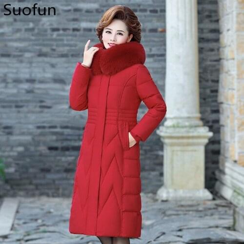 Suofun Long New Red Wine Winter Big Pocket Hooded Mother Windproof Jacket Thick Fur Collar Oversized Cotton Padded Women Coats
