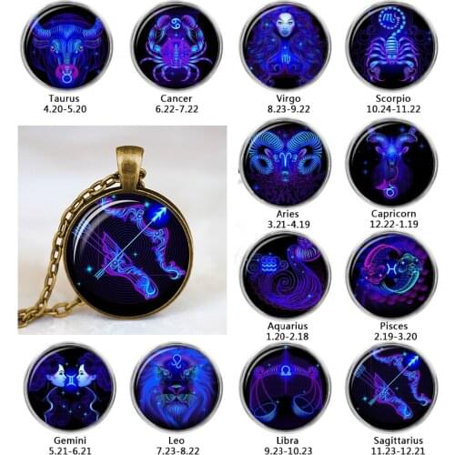 Hot Sale Vintage 12 Zodiac Sign Pendant Necklace Constellation Pattern Horoscope Astrology Necklace for Women Men Glass Cabochon