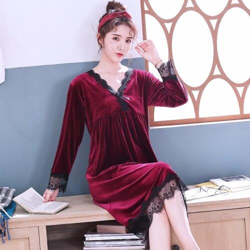 Nightdress Womens Autumn and Winter One Piece Long Style Noble Sexy Long Sleeve Leisure Warm Solid Color Household Clothes