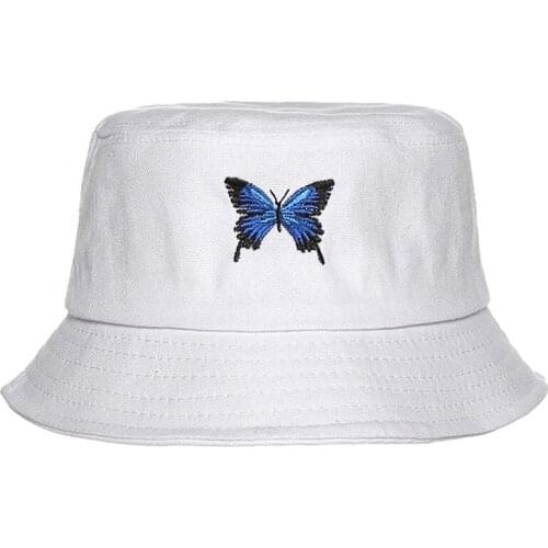 White Hat Man Women Butterfly Embroidery Flat Bucket Hat Lady Summer Outdoor Casual Sun Hat Fishing Fisher Beach Sun Cap