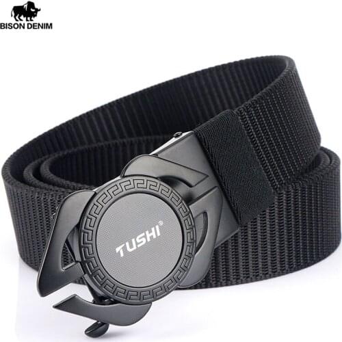 BISON DENIM Tactical Belt Automatic Buckle Nylon Hard Zinc Metal Quick Release Buckle Military Marine Corps Canvas Belt for Men