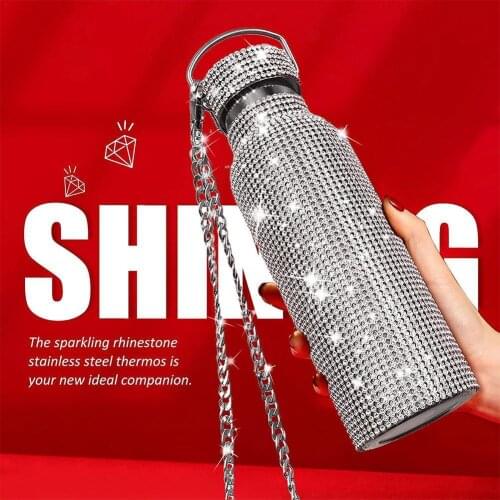 Luxury Diamond Thermos Bottle Fashion Steel Water Bottle With Metal Chain Red Box Gift 350/500/750ml For Women