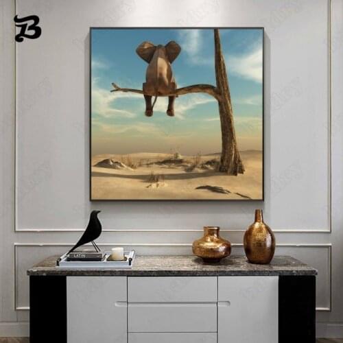 Modern Art Animal Canvas Posters Depressed Elephant Sits On The Tree Prints Wall Art Pictures Funny Home Decoration Room Decor