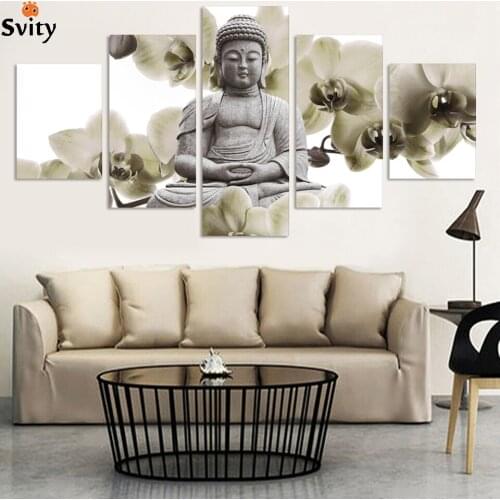 UnFramed 5 Panel Large orchid background Buddha Painting Fengshui Canvas Art Wall Pictures for Living Room Home Decor Fx015