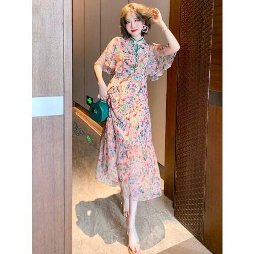 Top Quality Chinese style stand collar retro silk floral medium length Ruffle Dress womens summer new