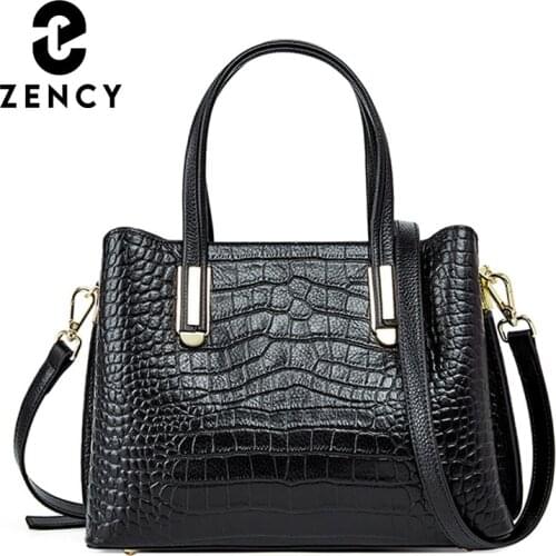 Zency 100% Genuine Leather Handbag Daily Casual Ladies Top-handle Bag Luxury Design Top Quality Womens Shoulder Bag Black