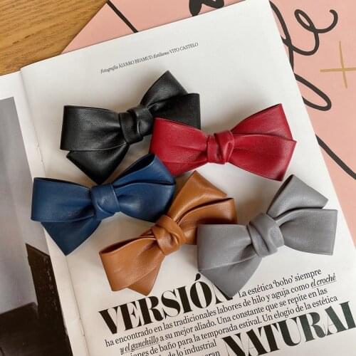 Women Solid Color Leather Cross Bow Hairpin Lady Vintage Hair Clips