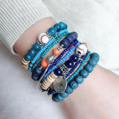 Bohemian Multi-layer Beaded Wings Heart Shape Lava Stone Pendant Bracelets For Women Wristband Bangles Party Jewelry Wholesale