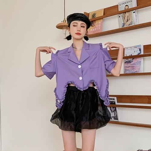 Loose Two Piece Set For Women Lapel Collar Short Sleeve Irregular Hem Shirt High Waist Shorts Pants Fashion Sets Females X127
