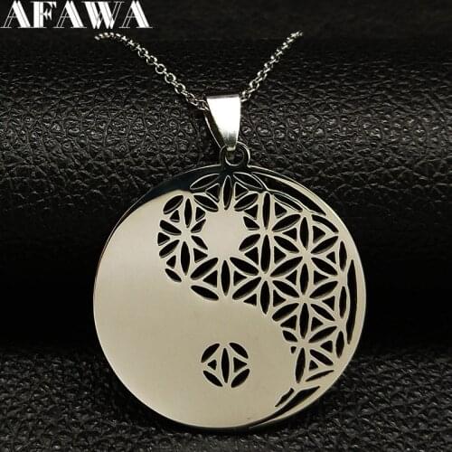 2021 Yin Yang Flower of Life Stainless Steel Long Necklace for Women Silver Color Necklaces & Pendants Jewelry bisuteria N428S02