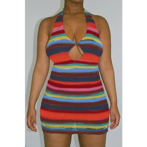 Womens Halter Backless Hollowed-out dress Sexy striped Print Halter Knitted Dresses Casual Suspender Dress Summer Streetwear